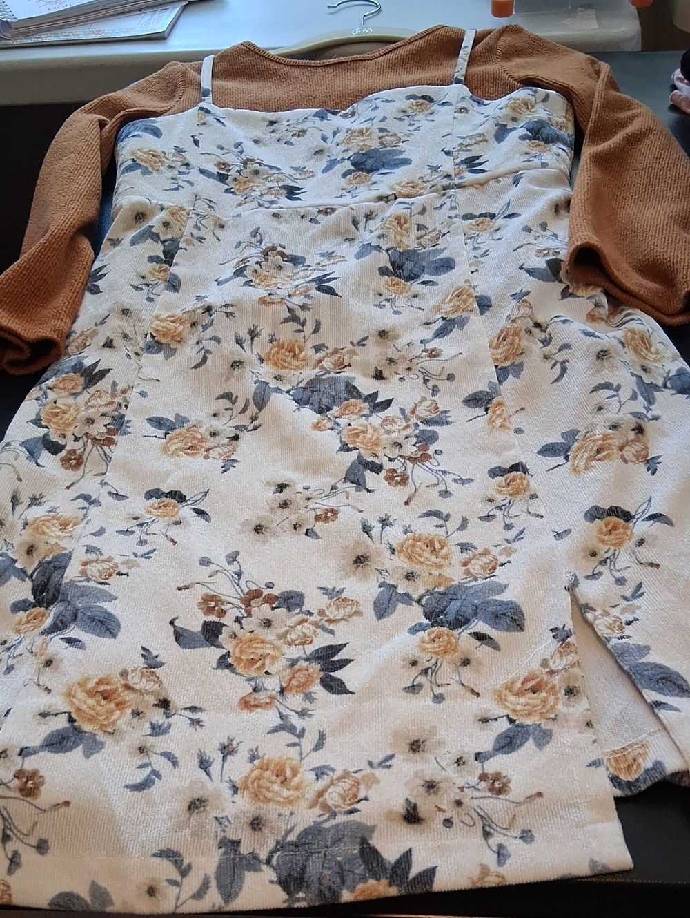 Cream Floral Midi Dress with Mustard and Gray Blossom Attached Wth Brown Top.